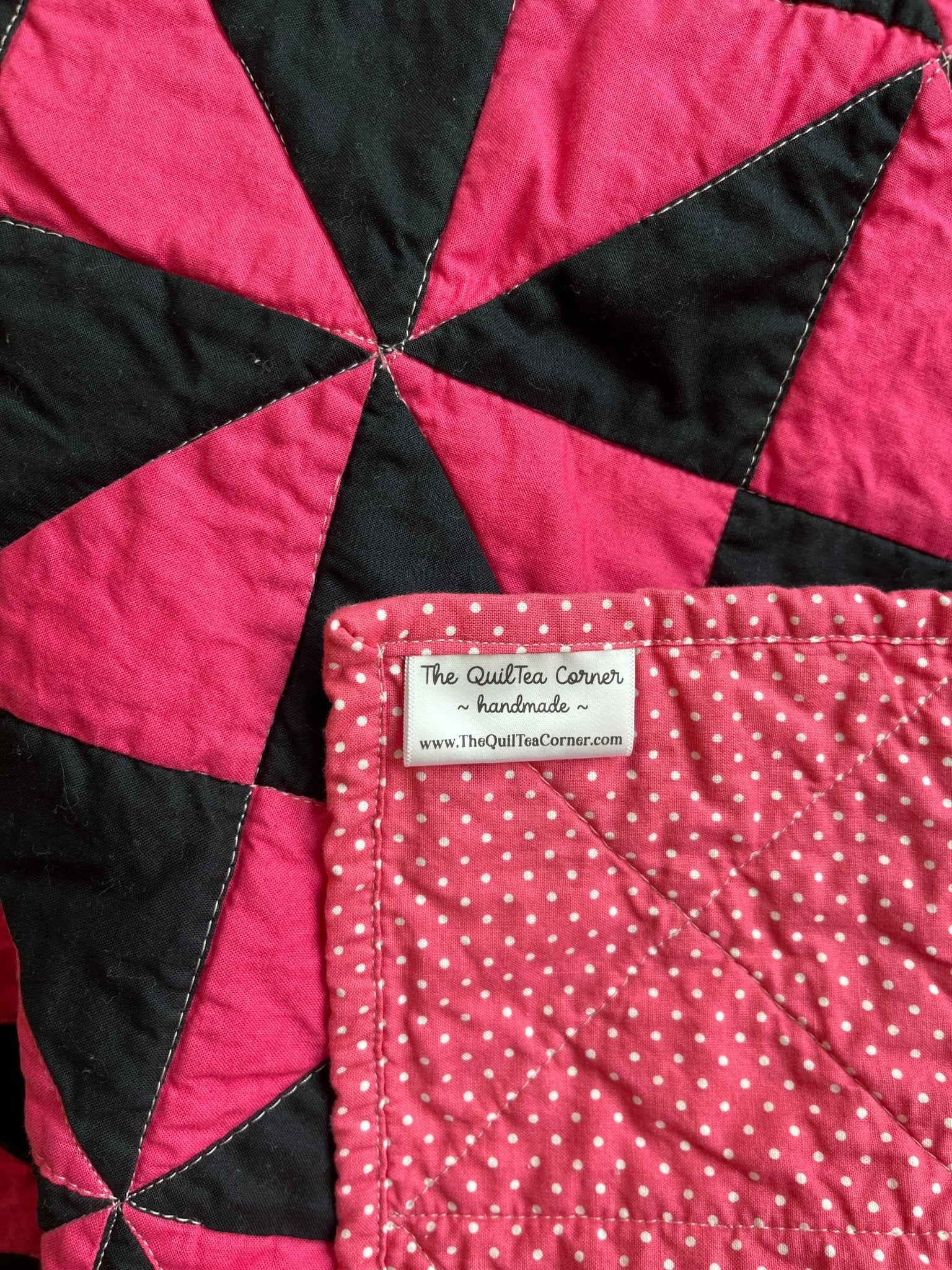 Pink and Black Time Flies Baby Quilt – Modern Triangle Patchwork - The QuilTea Corner
