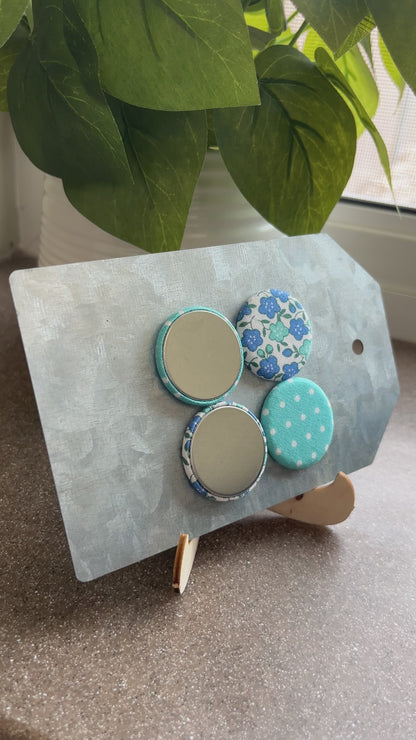 Turquoise with White Swiss Dot and Blue Floral 1.25” Fabric Magnet Set