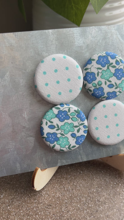 White with Turquoise Swiss Dot and Blue Floral 1.25” Fabric Magnet Set