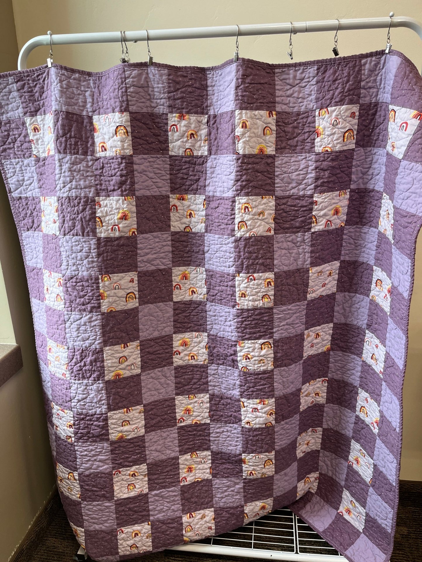 Purple Gingham Rainbow Patchwork Quilted Throw Blanket Girls Boho Decor - The QuilTea Corner
