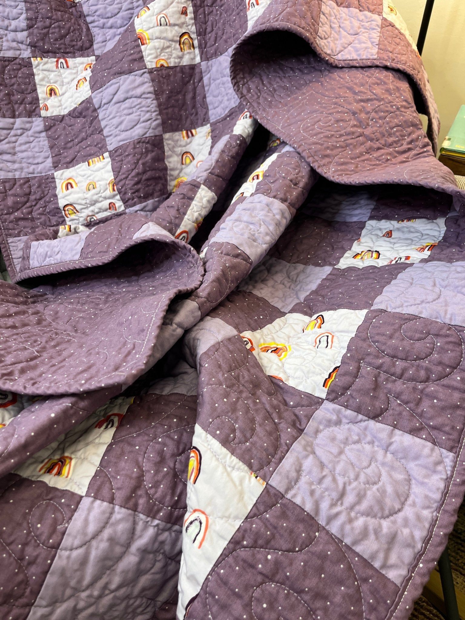 Purple Gingham Rainbow Patchwork Quilted Throw Blanket Girls Boho Decor - The QuilTea Corner