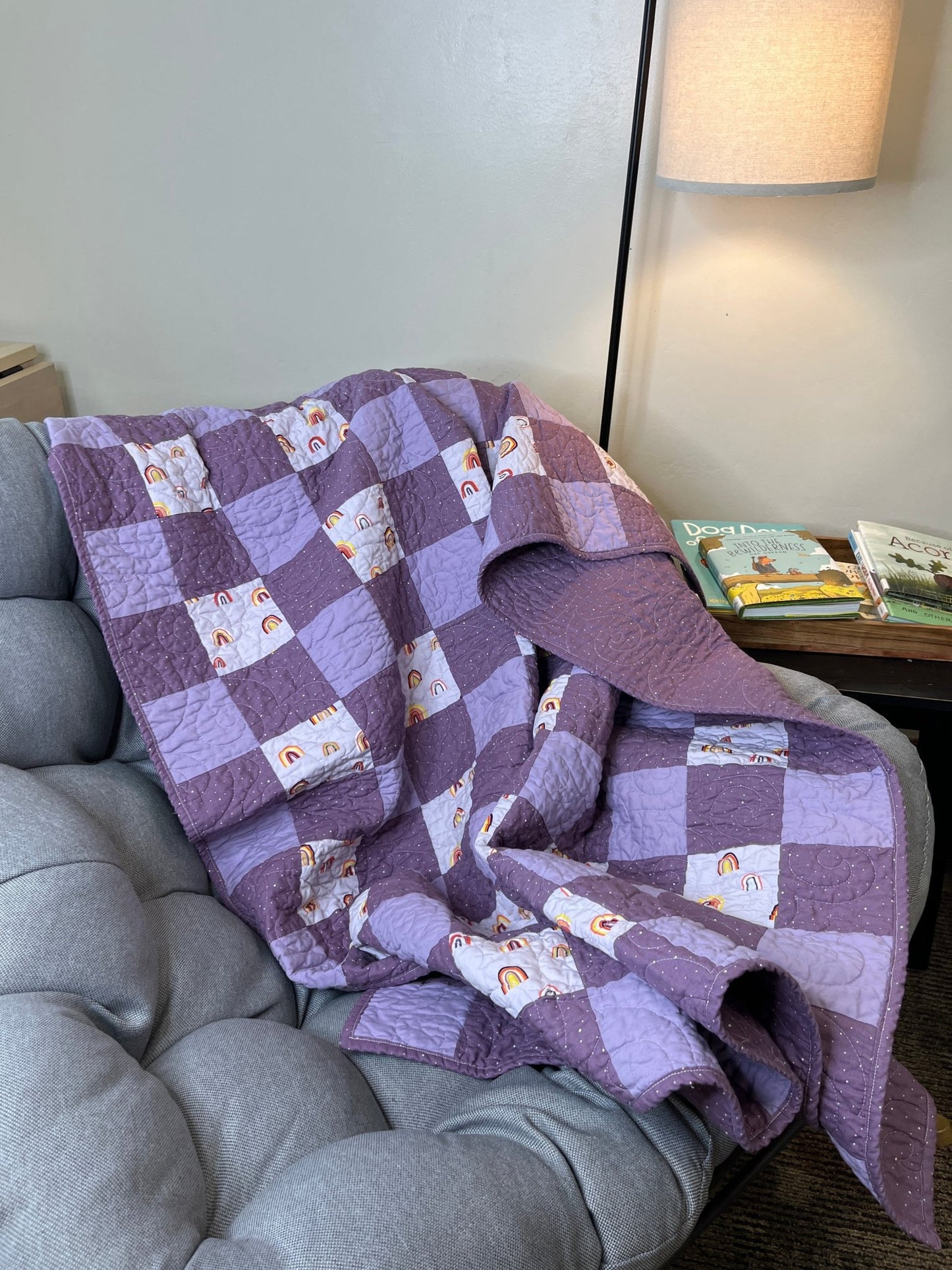 Purple Gingham Rainbow Patchwork Quilted Throw Blanket Girls Boho Decor - The QuilTea Corner