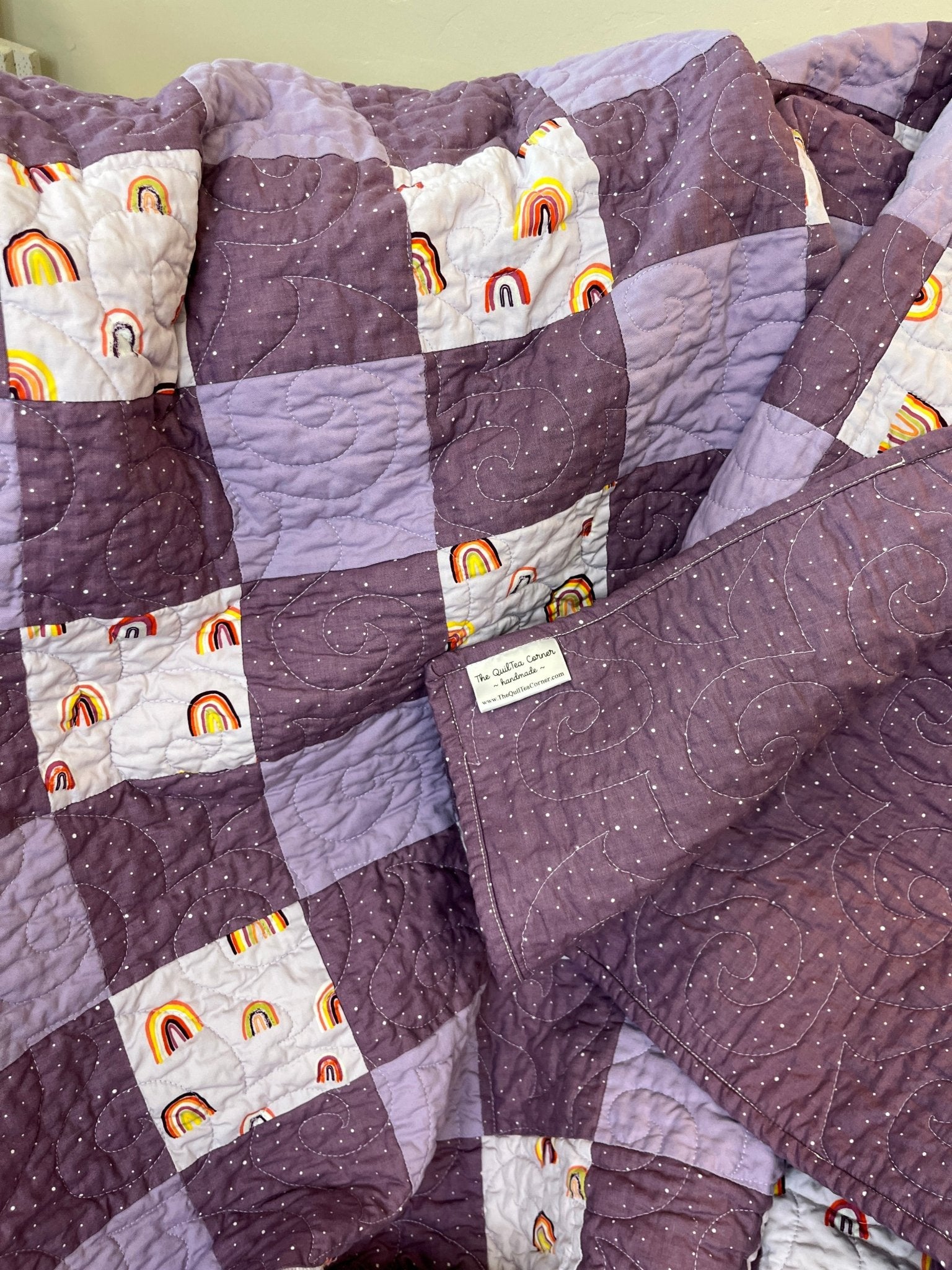 Purple Gingham Rainbow Patchwork Quilted Throw Blanket Girls Boho Decor - The QuilTea Corner
