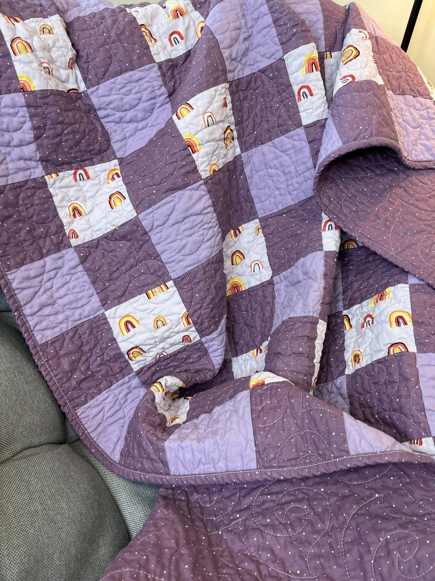 Purple Gingham Rainbow Patchwork Quilted Throw Blanket Girls Boho Decor - The QuilTea Corner