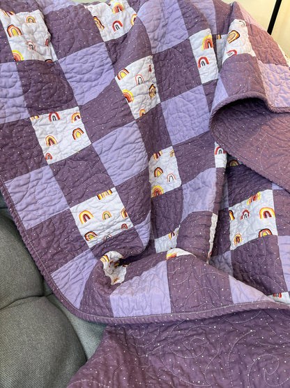 Purple Gingham Rainbow Patchwork Quilted Throw Blanket Girls Boho Decor - The QuilTea Corner