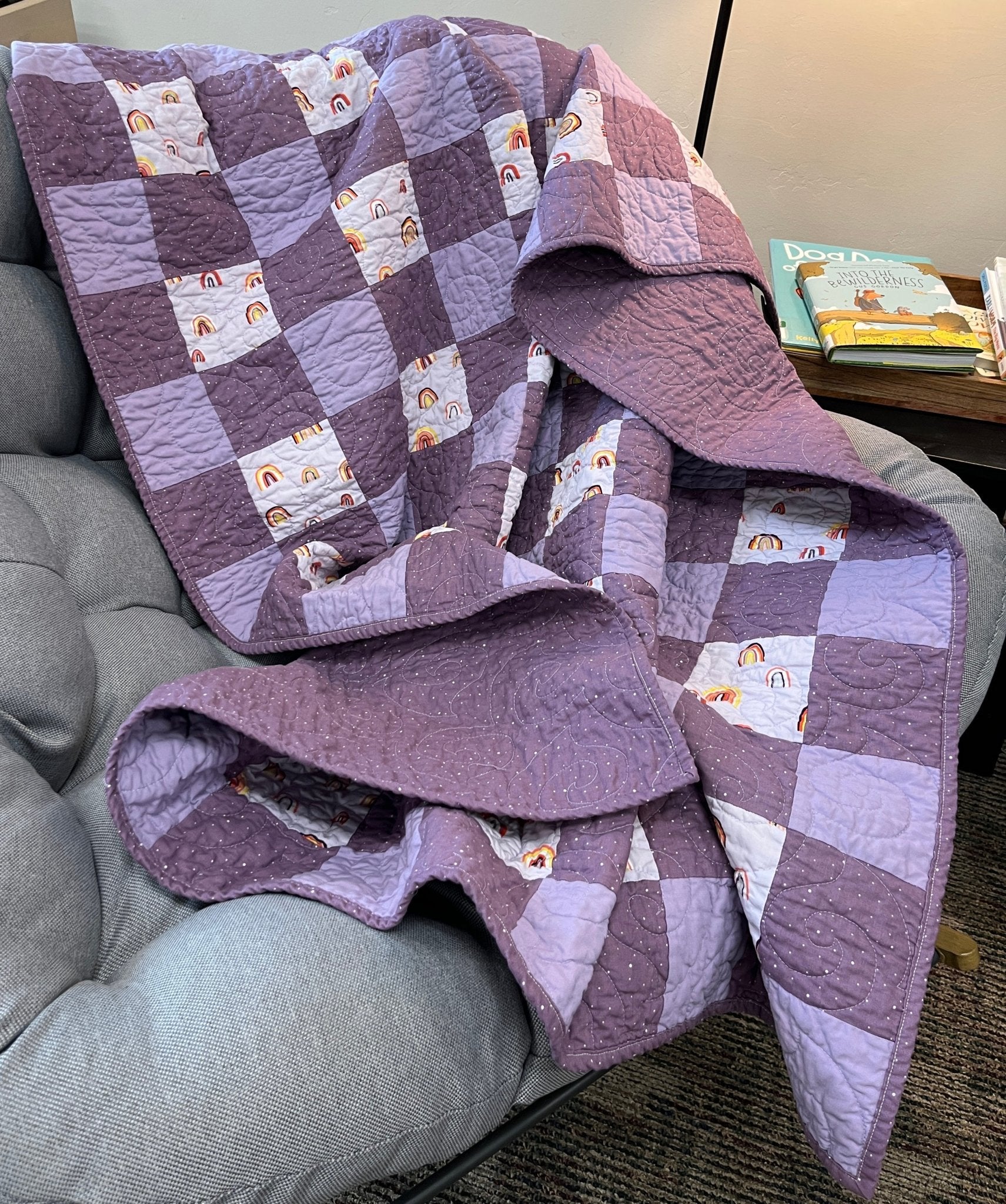 Purple Gingham Rainbow Patchwork Quilted Throw Blanket Girls Boho Decor - The QuilTea Corner