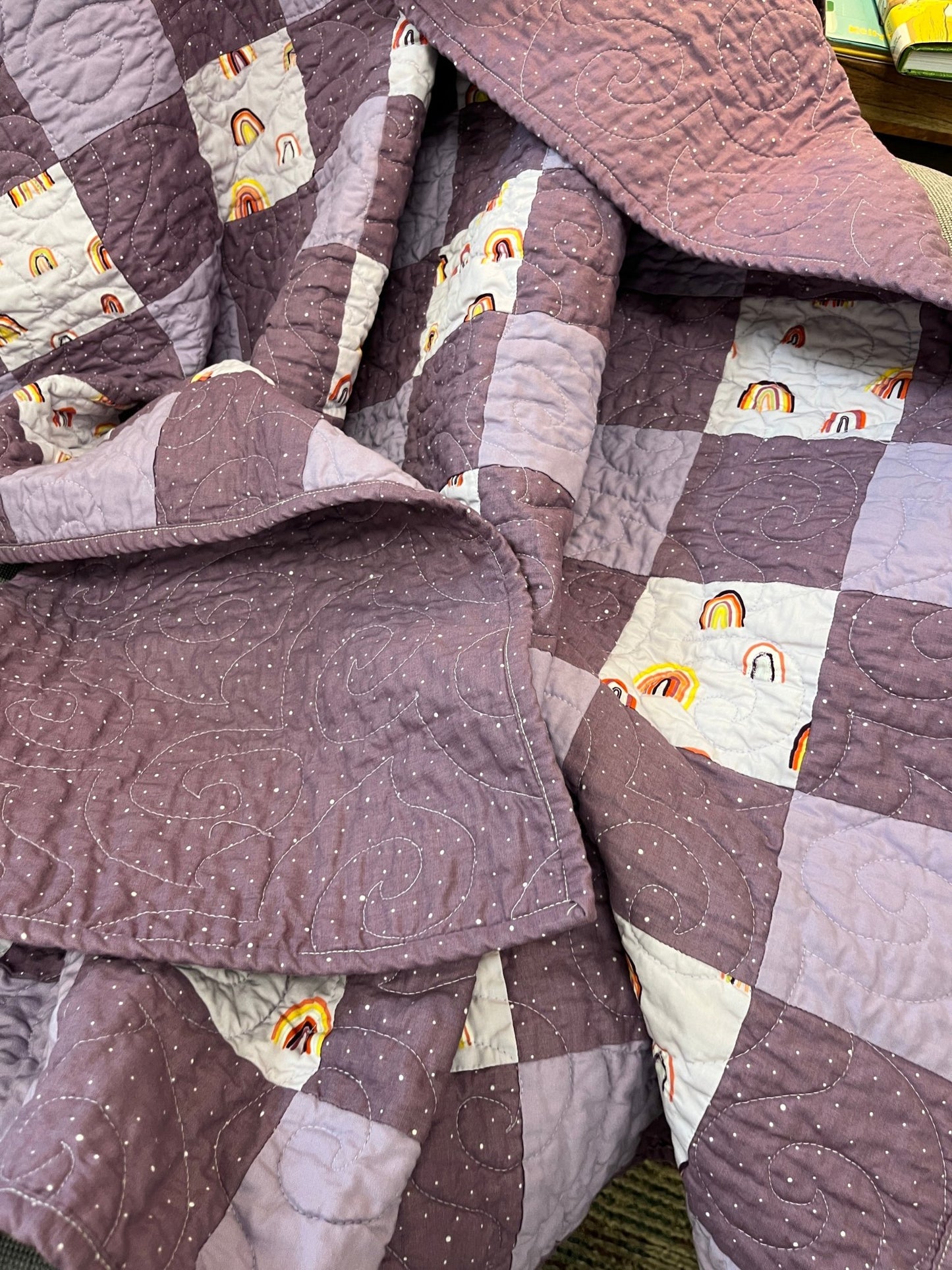 Purple Gingham Rainbow Patchwork Quilted Throw Blanket Girls Boho Decor - The QuilTea Corner