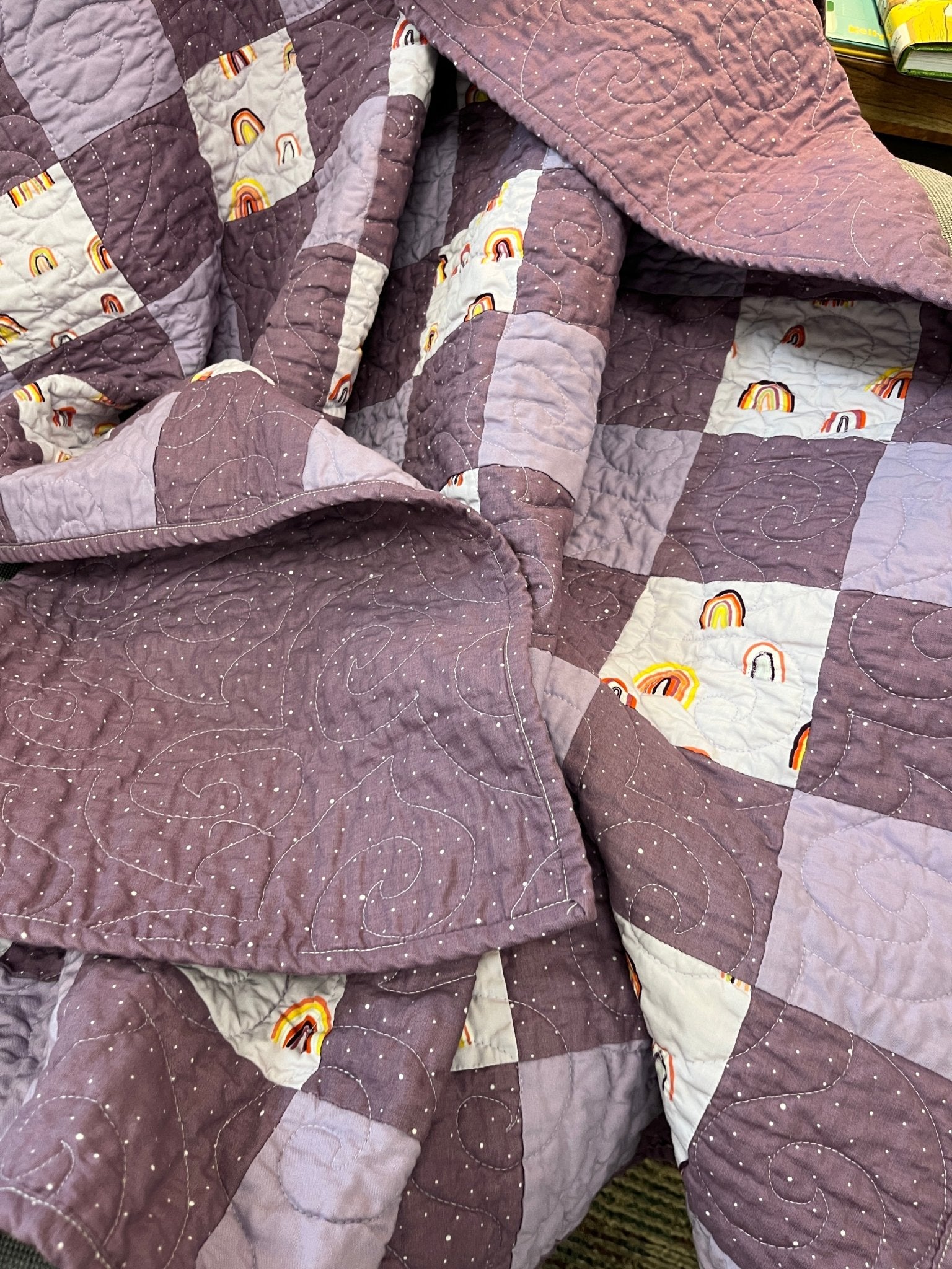 Purple Gingham Rainbow Patchwork Quilted Throw Blanket Girls Boho Decor - The QuilTea Corner