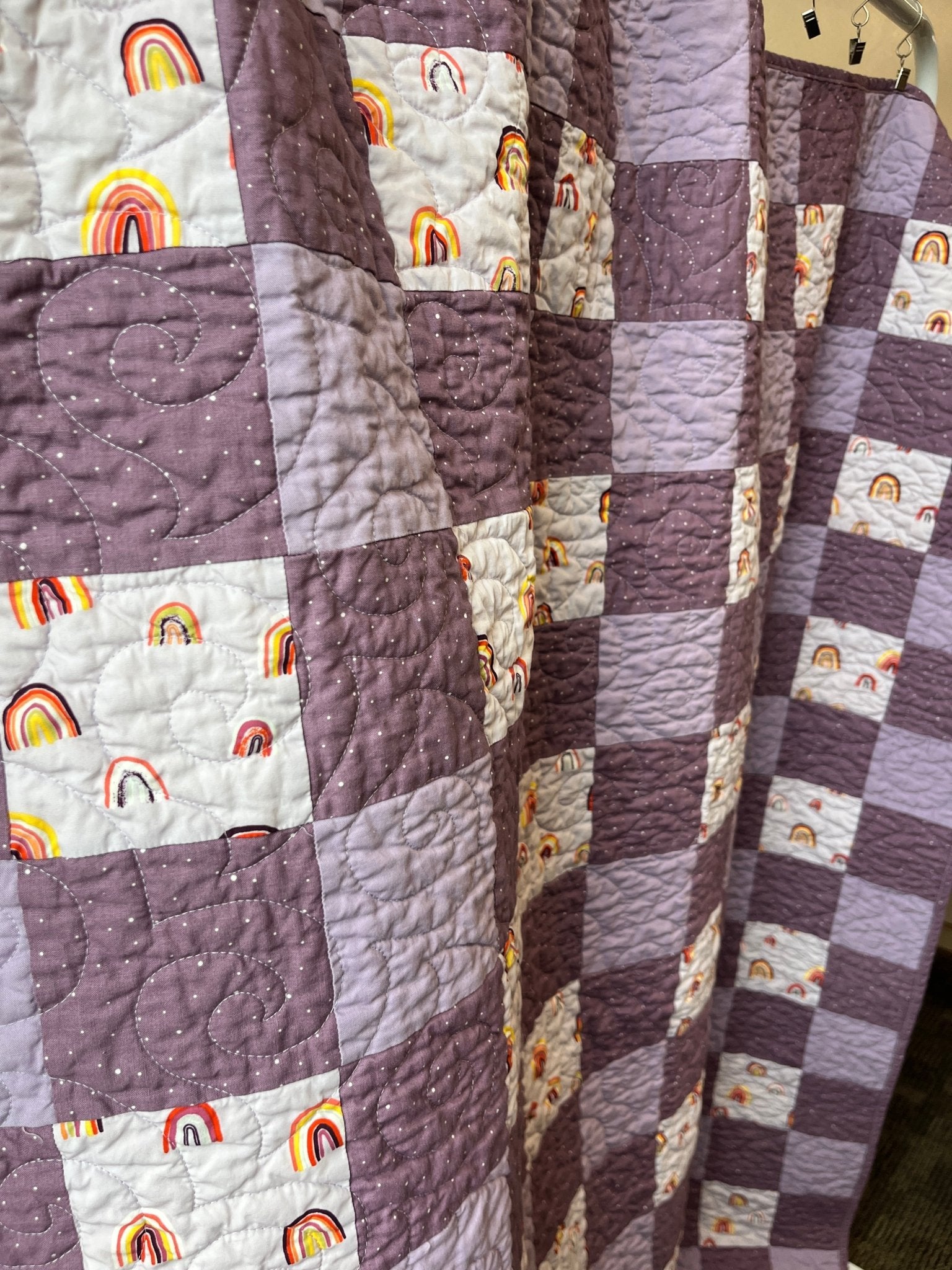 Purple Gingham Rainbow Patchwork Quilted Throw Blanket Girls Boho Decor - The QuilTea Corner