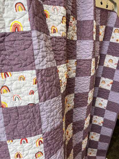 Purple Gingham Rainbow Patchwork Quilted Throw Blanket Girls Boho Decor - The QuilTea Corner