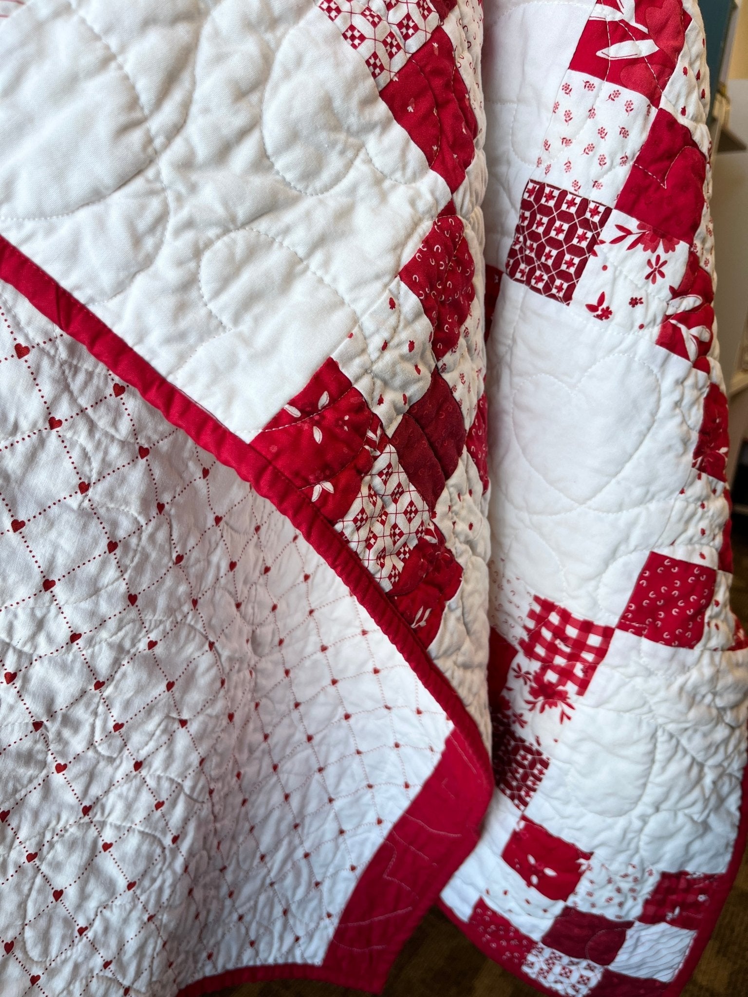 Red and White Hearts Irish Chain Baby Quilt - The QuilTea Corner