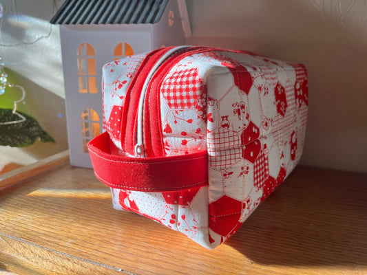 Red & White Hexagon Quilted Boxy Pouch Bag - The QuilTea Corner