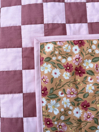 Rose and Pink Floral Checkered Baby Quilt - The QuilTea Corner