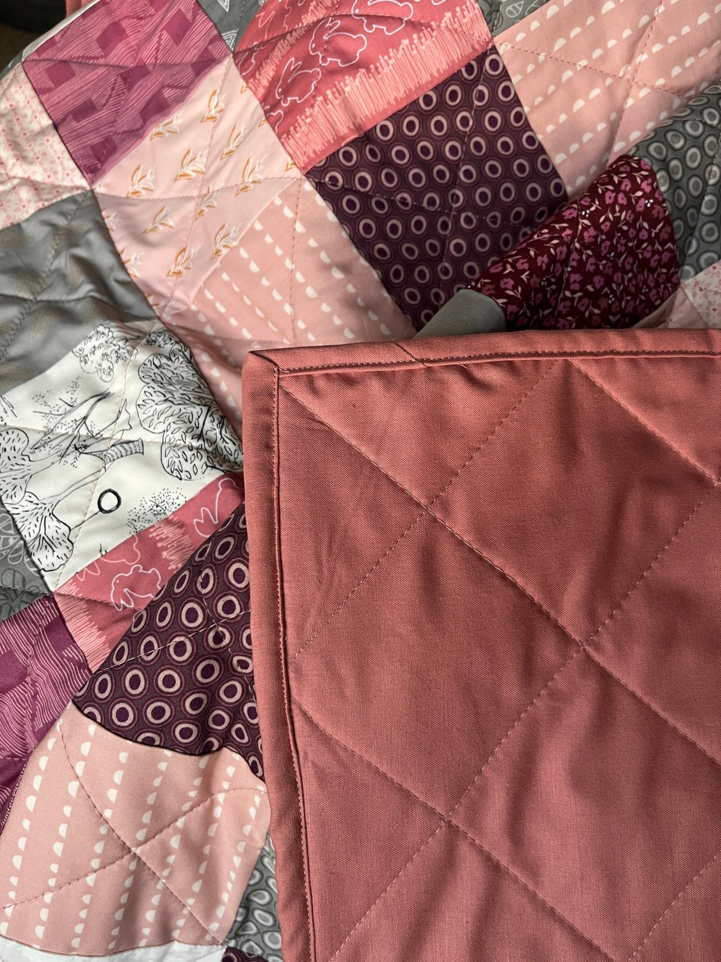 Scrappy Patchwork Throw Quilt in Pinks, Grey, and Cream – Handmade Cotton Quilt - The QuilTea Corner