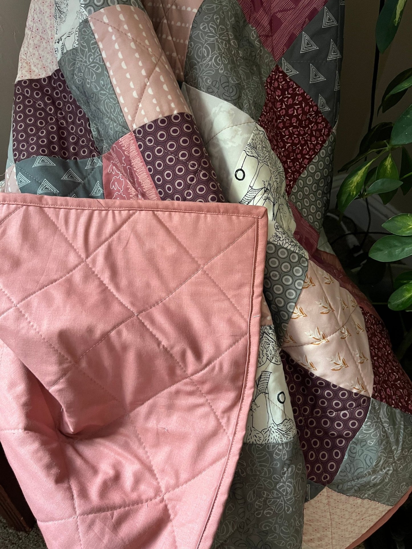 Scrappy Patchwork Throw Quilt in Pinks, Grey, and Cream – Handmade Cotton Quilt - The QuilTea Corner