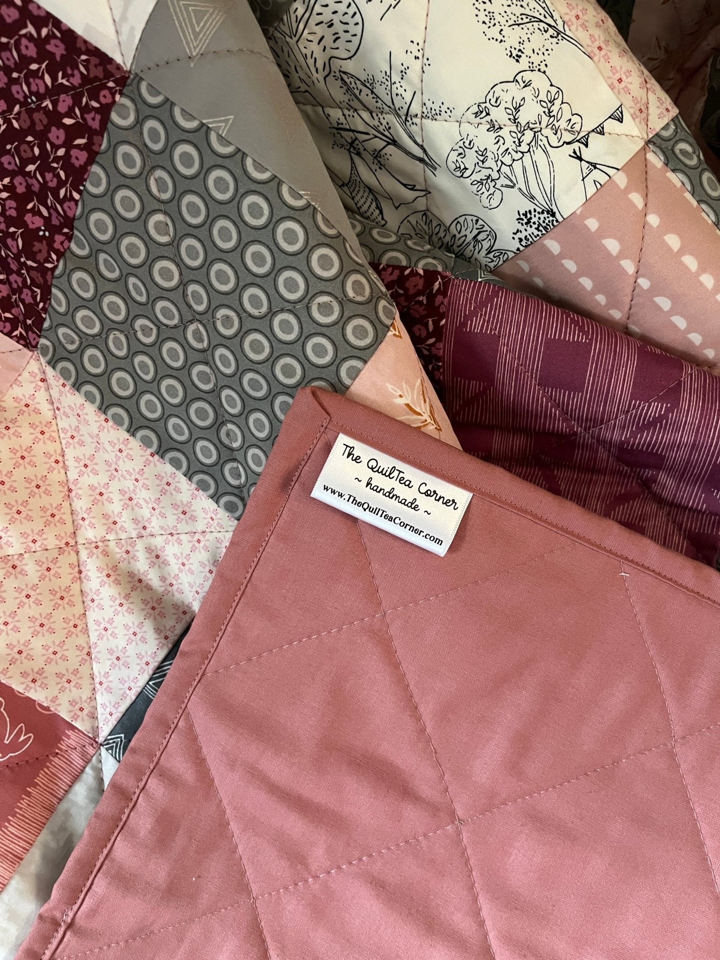Scrappy Patchwork Throw Quilt in Pinks, Grey, and Cream – Handmade Cotton Quilt - The QuilTea Corner