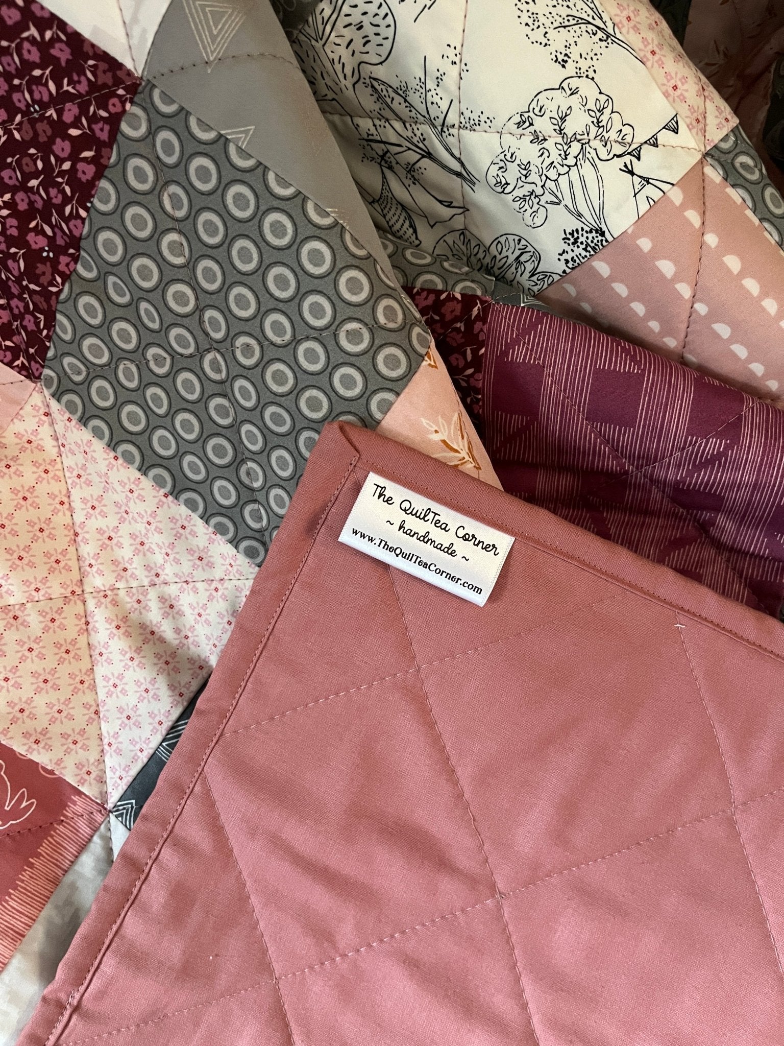 Scrappy Patchwork Throw Quilt in Pinks, Grey, and Cream – Handmade Cotton Quilt - The QuilTea Corner