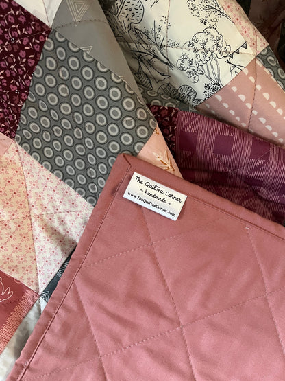 Scrappy Patchwork Throw Quilt in Pinks, Grey, and Cream – Handmade Cotton Quilt - The QuilTea Corner