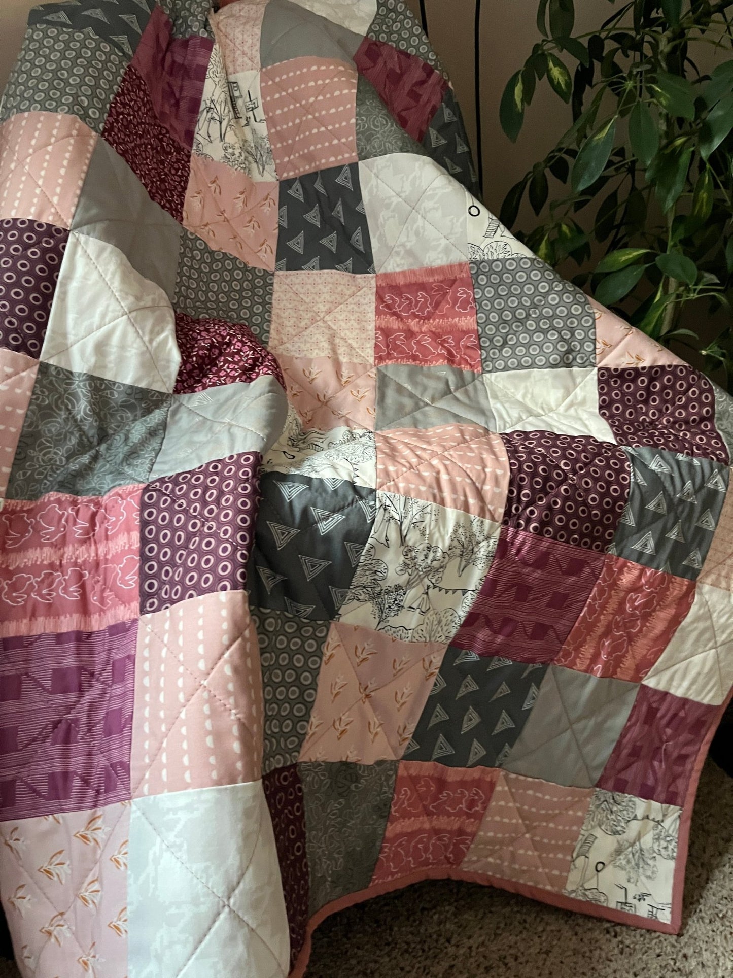 Scrappy Patchwork Throw Quilt in Pinks, Grey, and Cream – Handmade Cotton Quilt - The QuilTea Corner