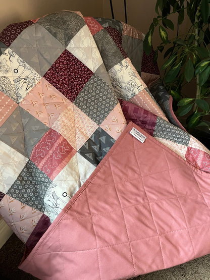Scrappy Patchwork Throw Quilt in Pinks, Grey, and Cream – Handmade Cotton Quilt - The QuilTea Corner