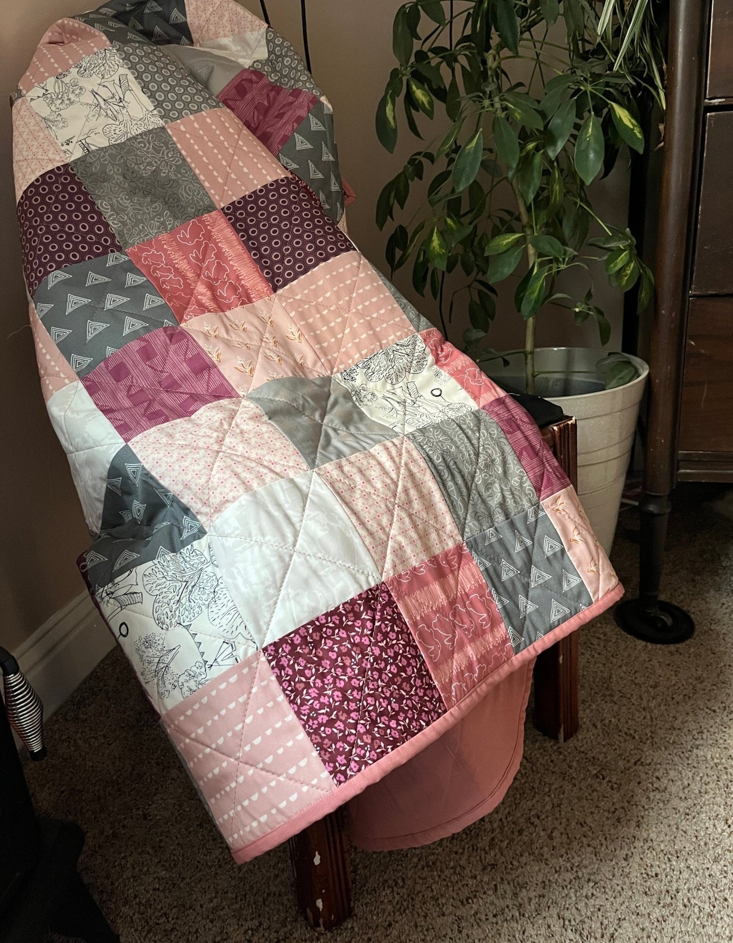 Scrappy Patchwork Throw Quilt in Pinks, Grey, and Cream – Handmade Cotton Quilt - The QuilTea Corner