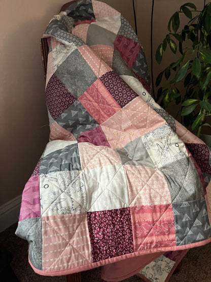 Scrappy Patchwork Throw Quilt in Pinks, Grey, and Cream – Handmade Cotton Quilt - The QuilTea Corner