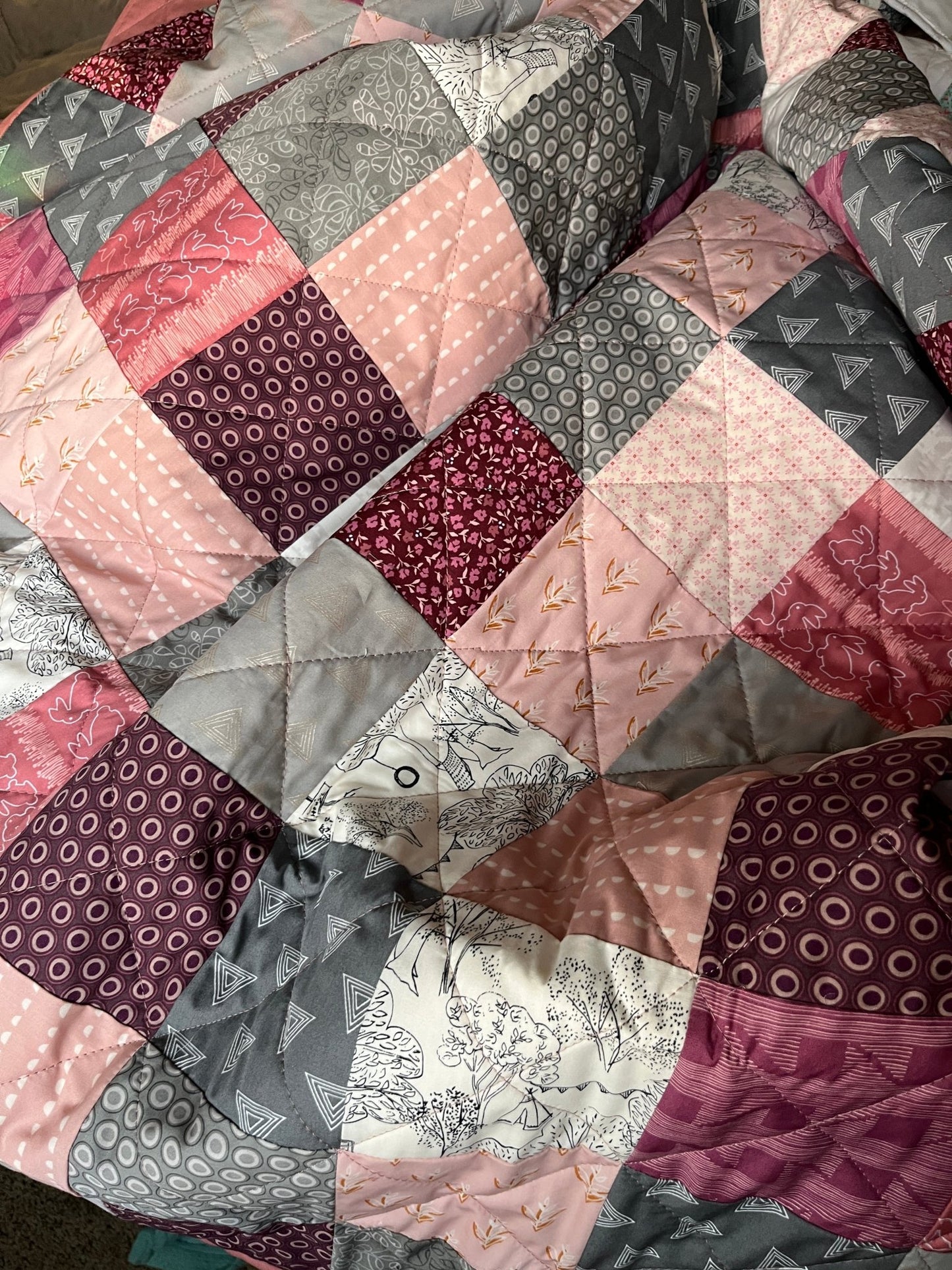 Scrappy Patchwork Throw Quilt in Pinks, Grey, and Cream – Handmade Cotton Quilt - The QuilTea Corner