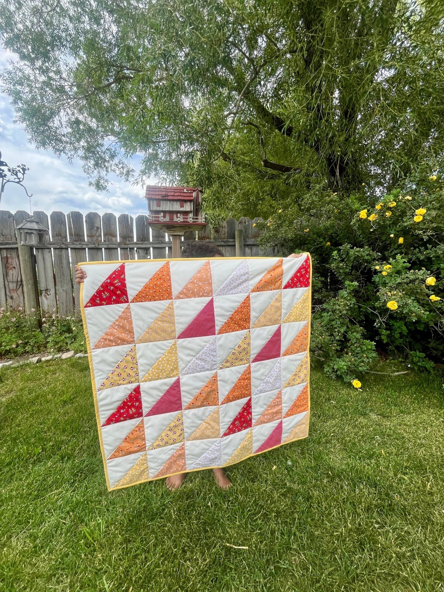 Storytime 30’s Half Square Triangle Handmade Baby Quilt in Orange, Yellow, Red and White Vintage Inspired Nursery Decor - The QuilTea Corner