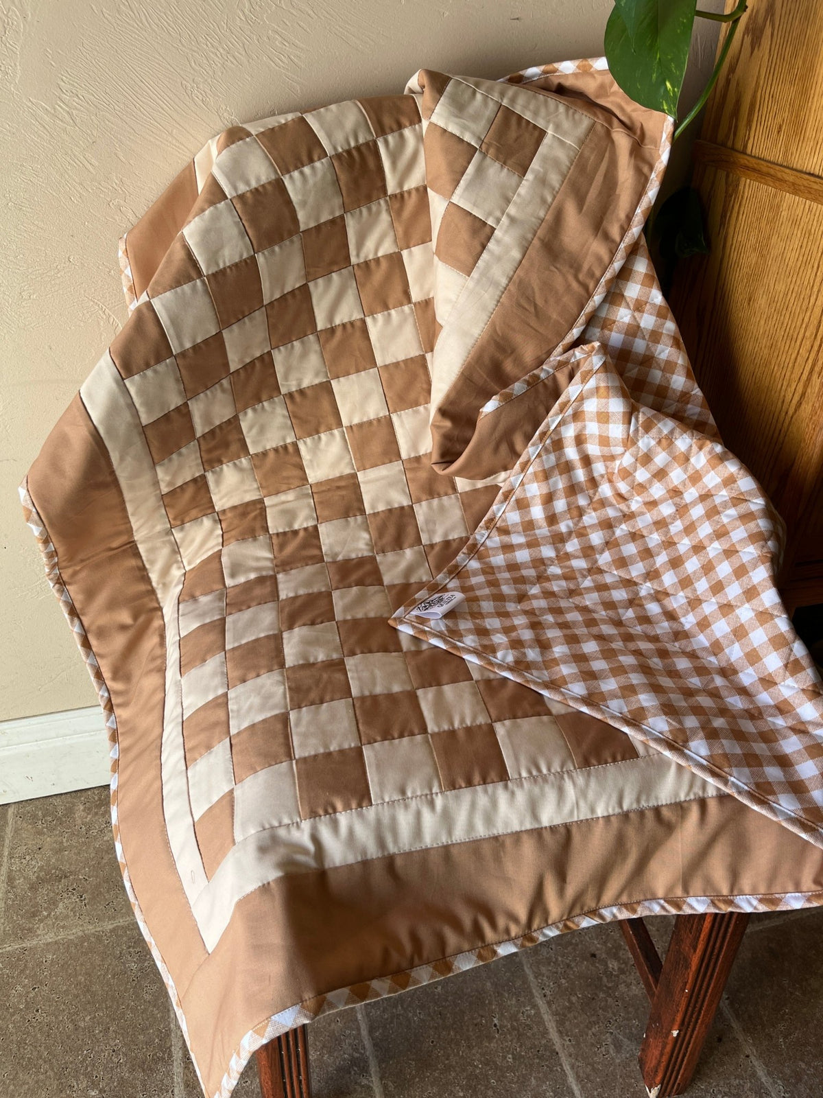 Tan and Khaki Checkered Gingham Baby Quilt – Handmade Checkerboard Crib Blanket - The QuilTea Corner