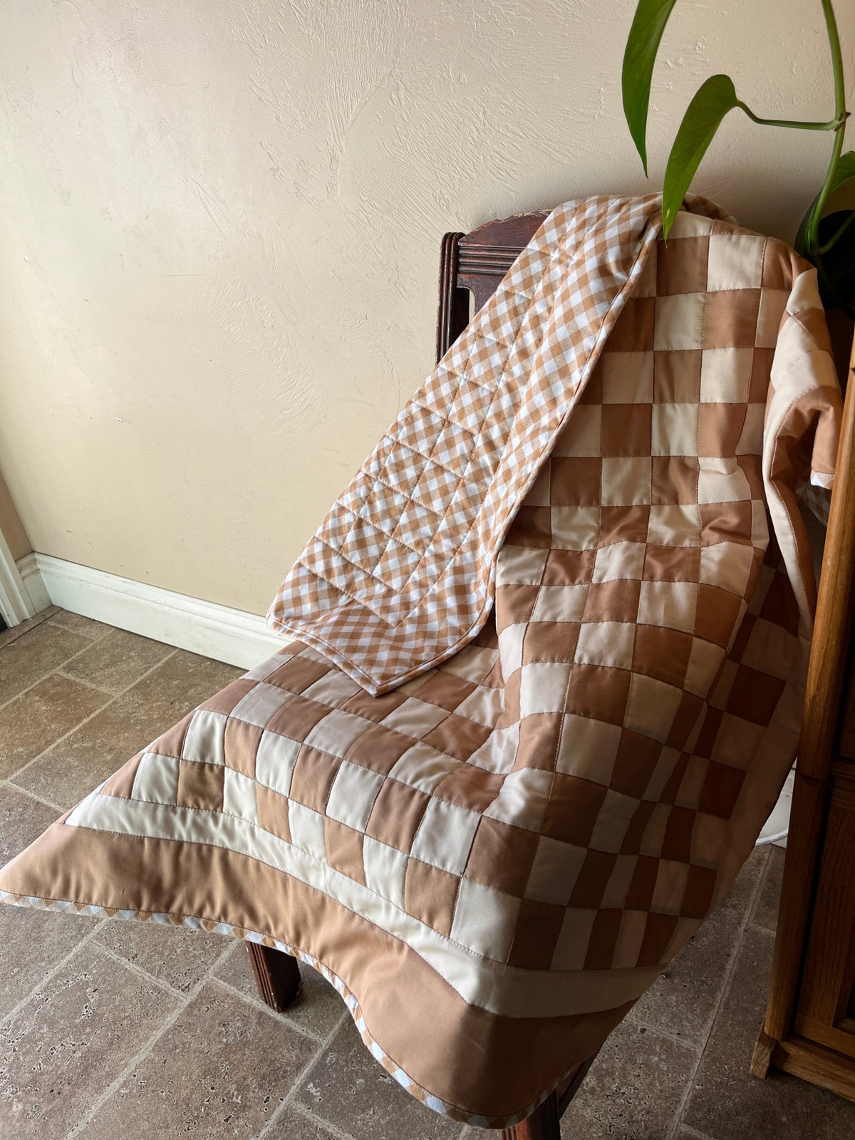 Tan and Khaki Checkered Gingham Baby Quilt – Handmade Checkerboard Crib Blanket - The QuilTea Corner