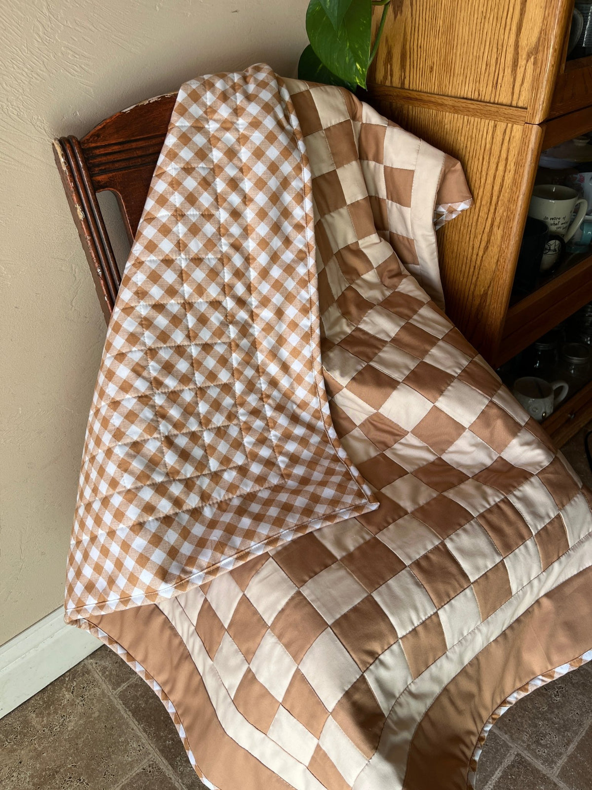 Tan and Khaki Checkered Gingham Baby Quilt – Handmade Checkerboard Crib Blanket - The QuilTea Corner