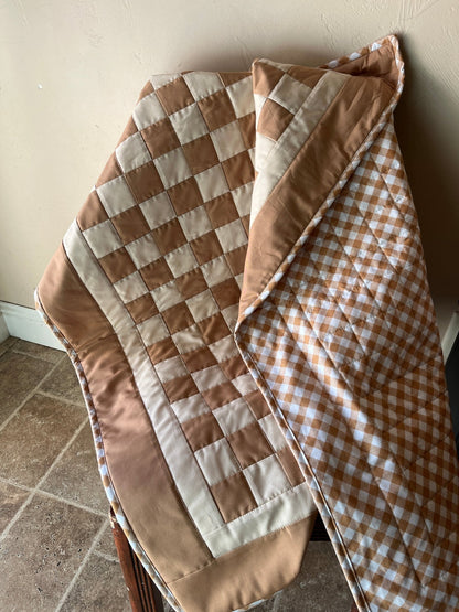 Tan and Khaki Checkered Gingham Baby Quilt – Handmade Checkerboard Crib Blanket - The QuilTea Corner