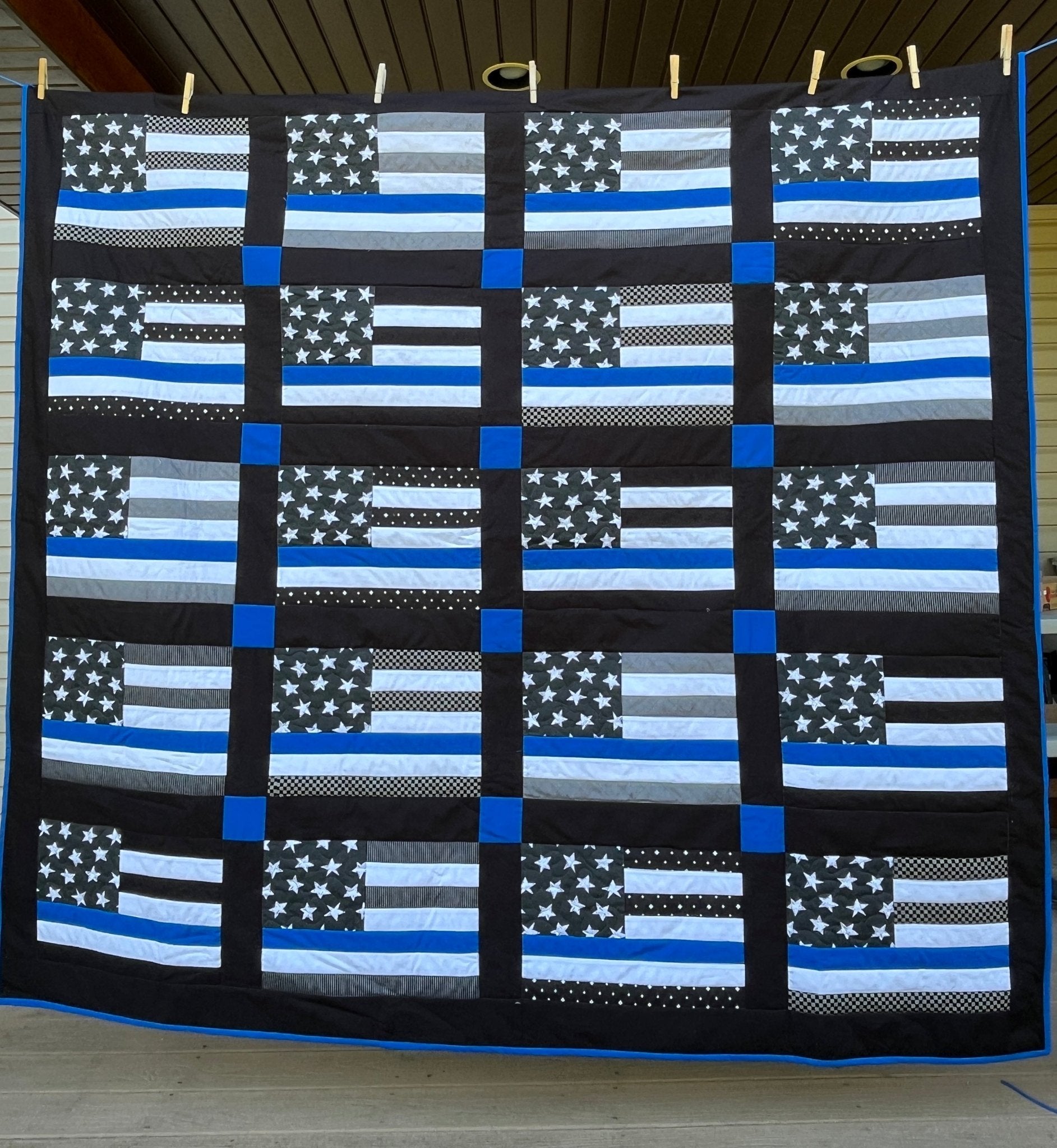 Thin Blue Line Police Flag Inspired Large Throw Quilt – Stars and Stripes Pattern - The QuilTea Corner
