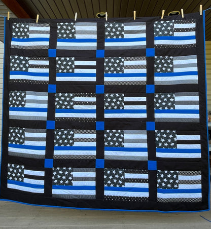 Thin Blue Line Police Flag Inspired Large Throw Quilt – Stars and Stripes Pattern - The QuilTea Corner