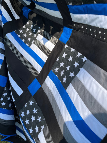 Thin Blue Line Police Flag Inspired Large Throw Quilt – Stars and Stripes Pattern - The QuilTea Corner
