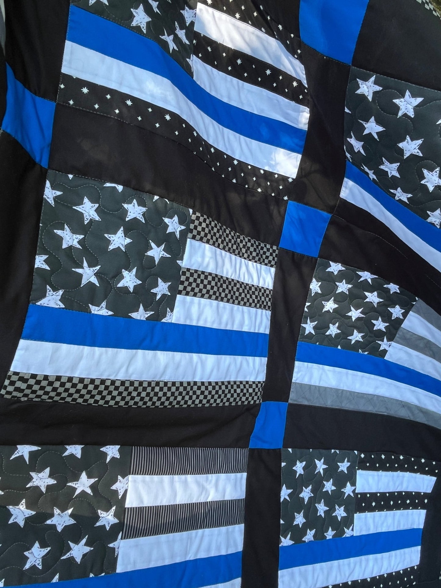 Thin Blue Line Police Flag Inspired Large Throw Quilt – Stars and Stripes Pattern - The QuilTea Corner