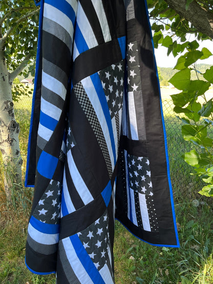 Thin Blue Line Police Flag Inspired Large Throw Quilt – Stars and Stripes Pattern - The QuilTea Corner