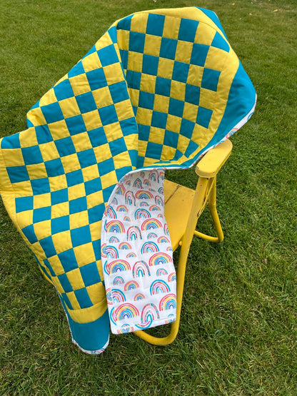 Turquoise and Yellow Checkered Baby Quilt – Handmade Checkerboard Crib Blanket - The QuilTea Corner