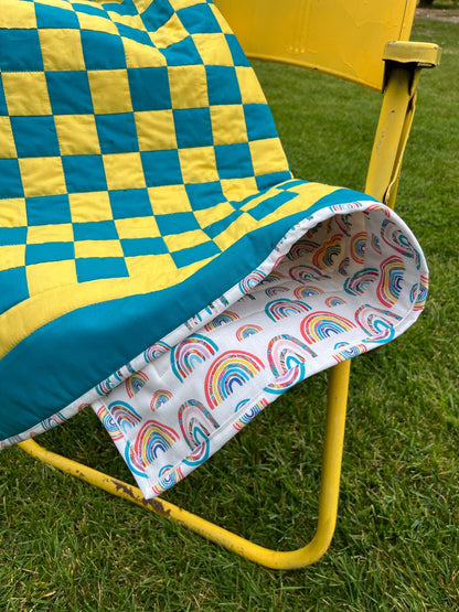 Turquoise and Yellow Checkered Baby Quilt – Handmade Checkerboard Crib Blanket - The QuilTea Corner