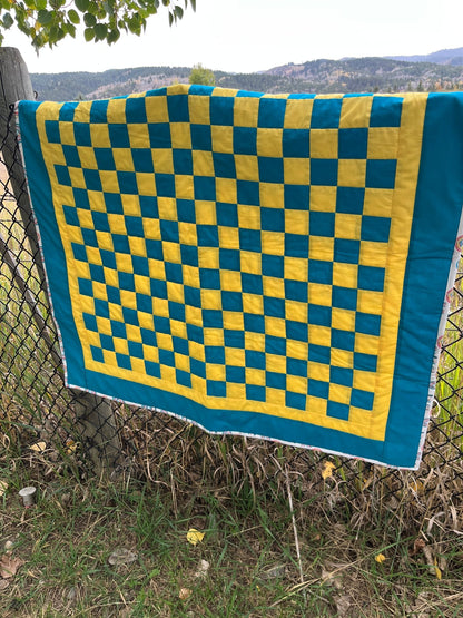 Turquoise and Yellow Checkered Baby Quilt – Handmade Checkerboard Crib Blanket - The QuilTea Corner