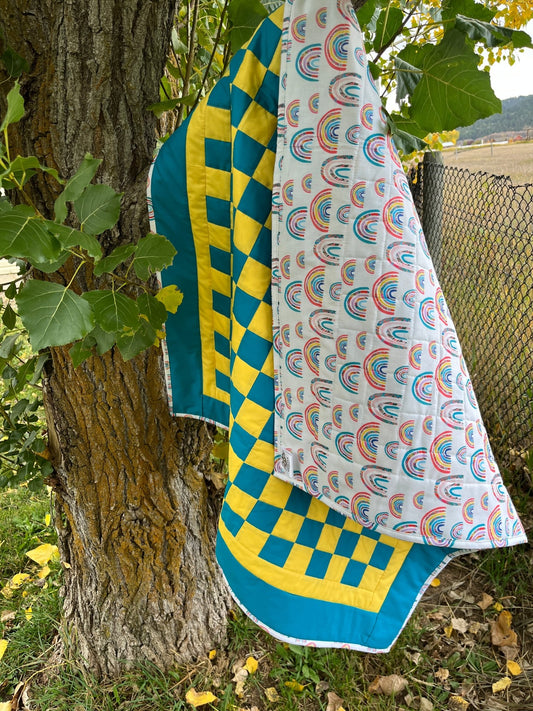 Turquoise and Yellow Checkered Baby Quilt – Handmade Checkerboard Crib Blanket - The QuilTea Corner