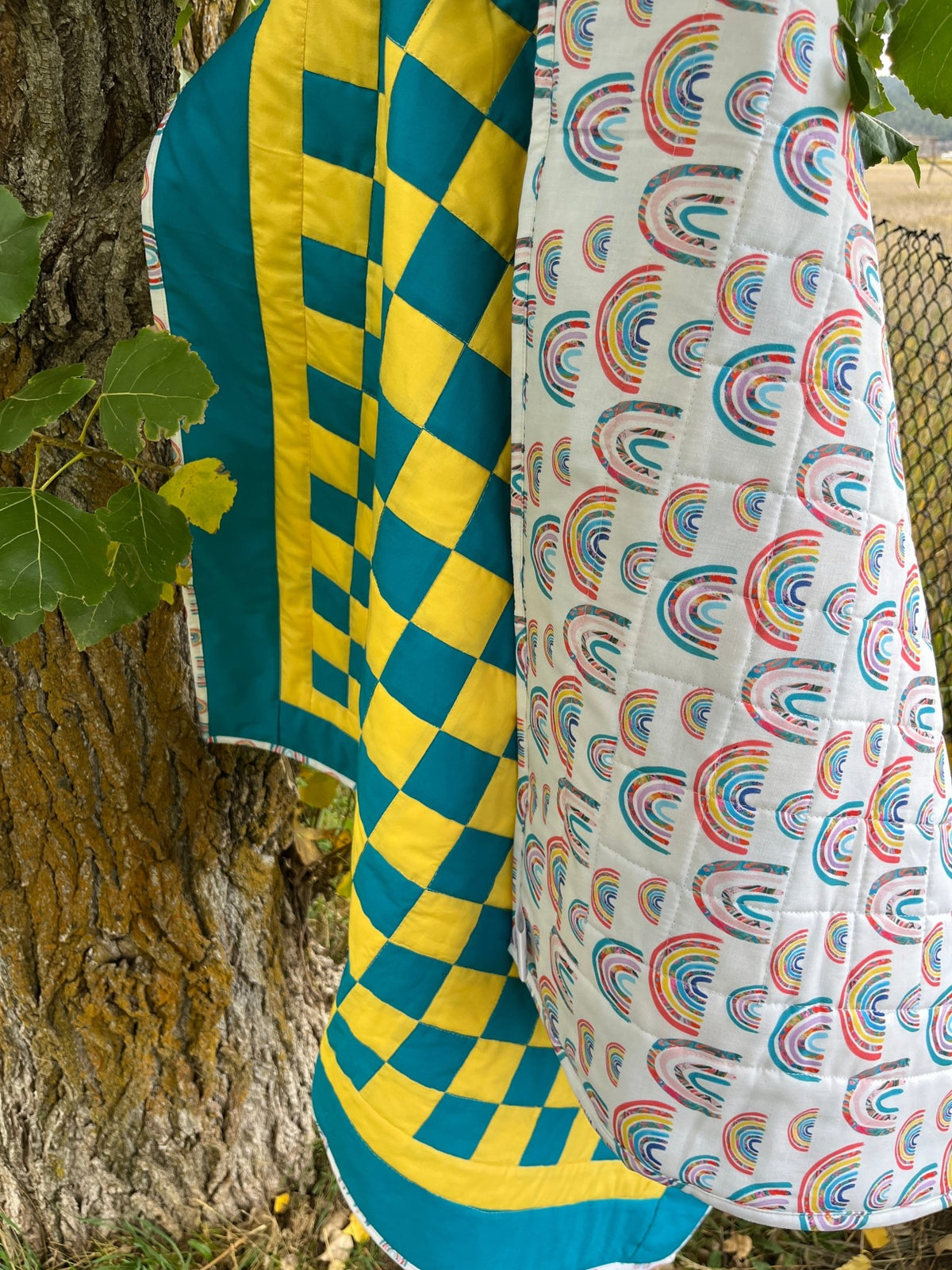 Turquoise and Yellow Checkered Baby Quilt – Handmade Checkerboard Crib Blanket - The QuilTea Corner