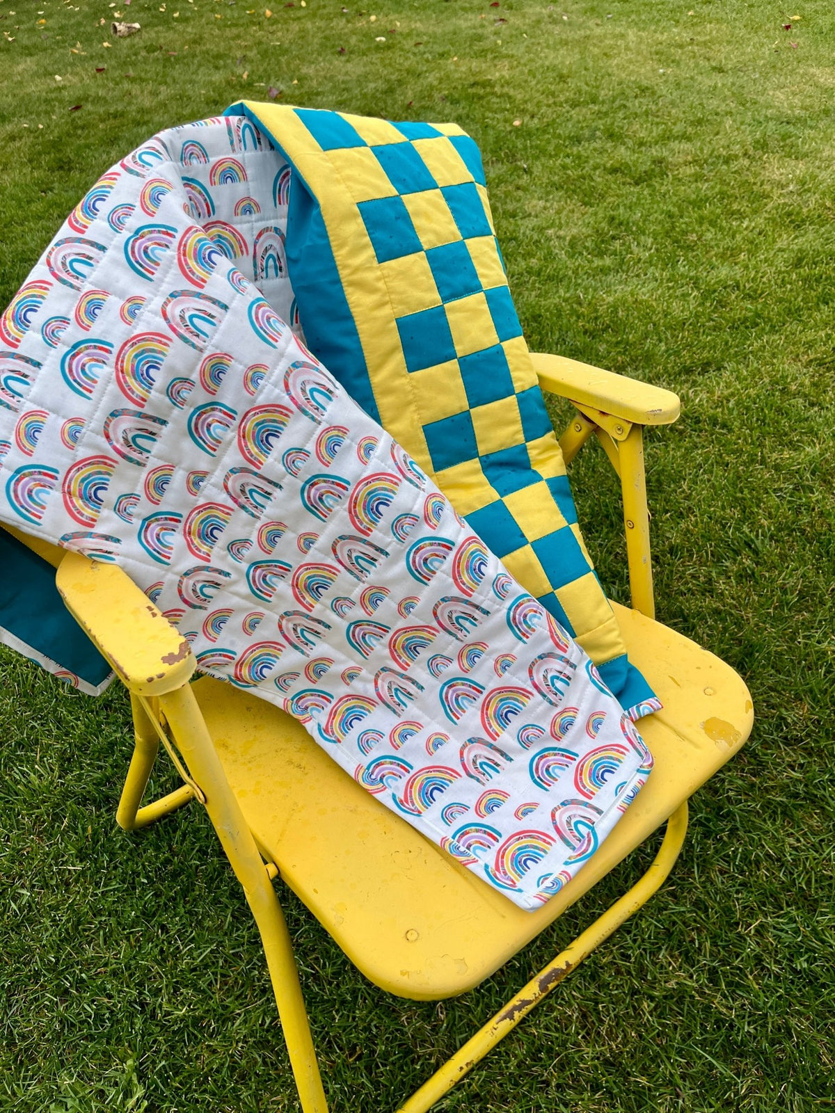 Turquoise and Yellow Checkered Baby Quilt – Handmade Checkerboard Crib Blanket - The QuilTea Corner
