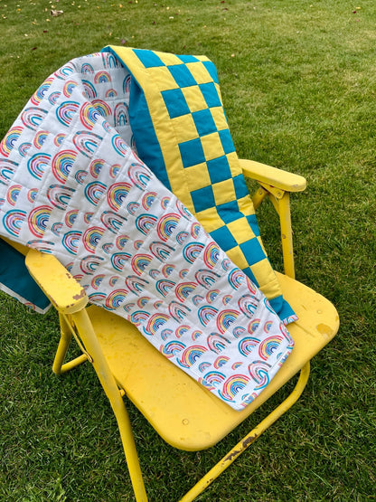 Turquoise and Yellow Checkered Baby Quilt – Handmade Checkerboard Crib Blanket - The QuilTea Corner