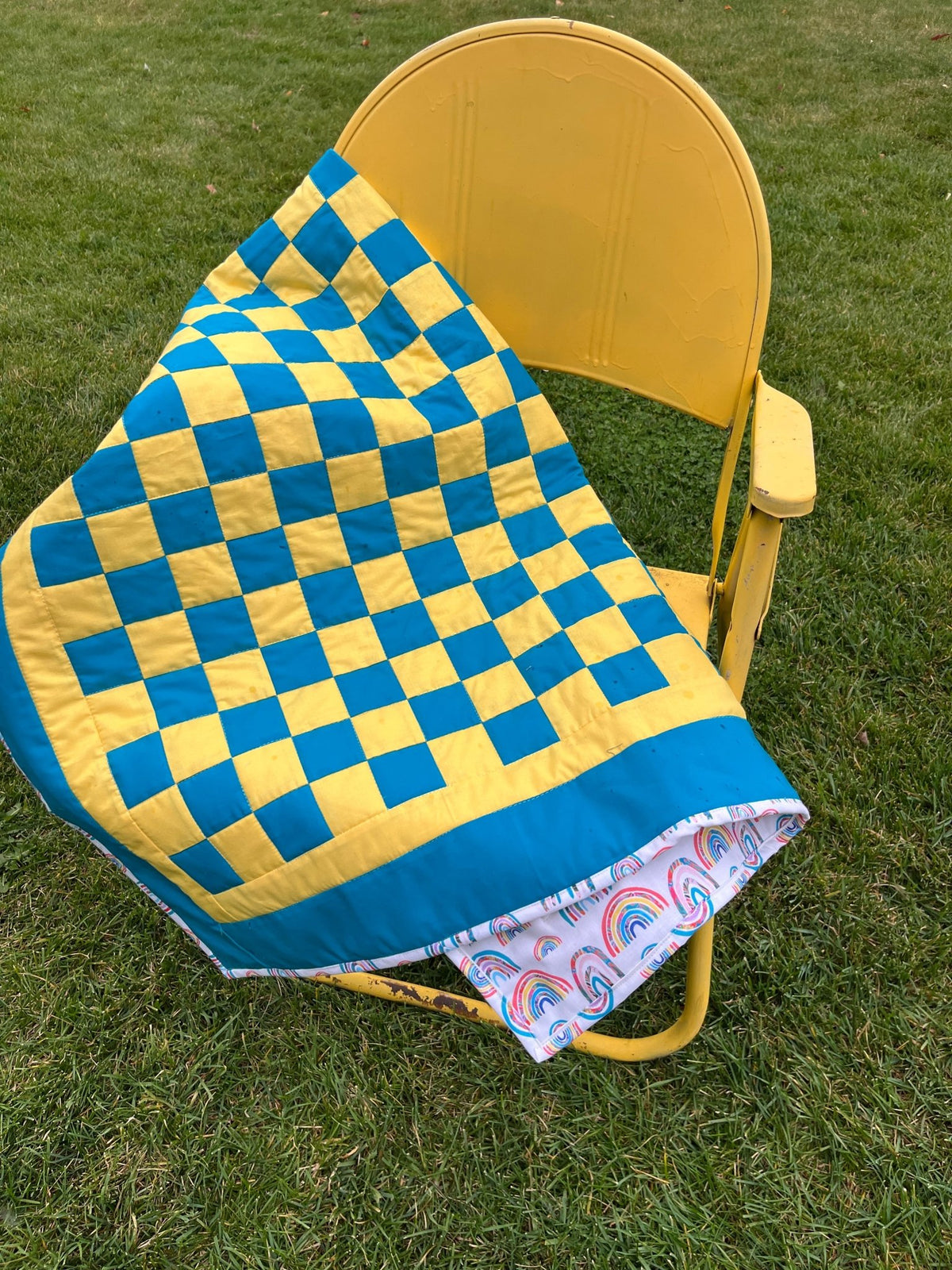 Turquoise and Yellow Checkered Baby Quilt – Handmade Checkerboard Crib Blanket - The QuilTea Corner