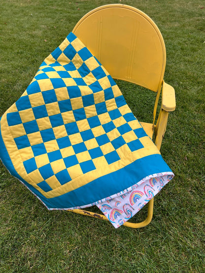 Turquoise and Yellow Checkered Baby Quilt – Handmade Checkerboard Crib Blanket - The QuilTea Corner