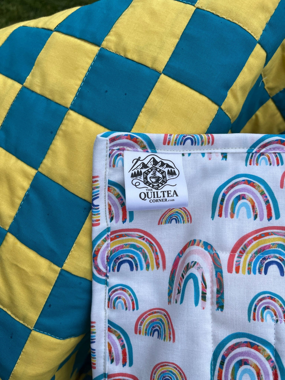 Turquoise and Yellow Checkered Baby Quilt – Handmade Checkerboard Crib Blanket - The QuilTea Corner