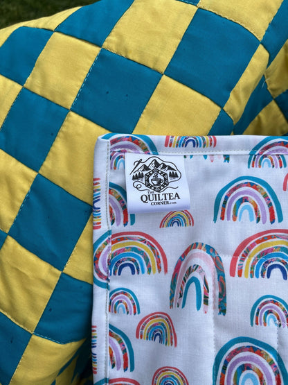 Turquoise and Yellow Checkered Baby Quilt – Handmade Checkerboard Crib Blanket - The QuilTea Corner