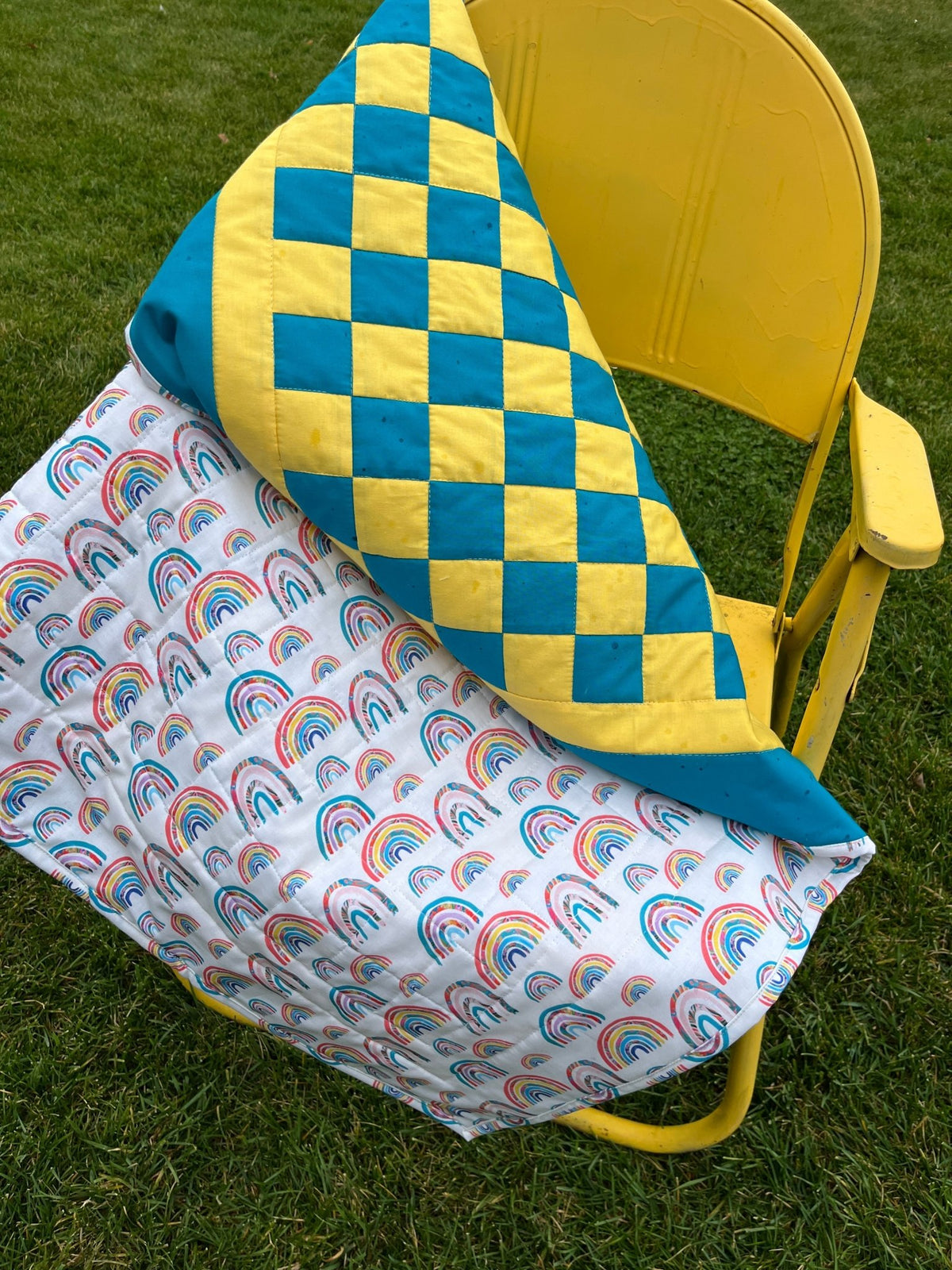 Turquoise and Yellow Checkered Baby Quilt – Handmade Checkerboard Crib Blanket - The QuilTea Corner