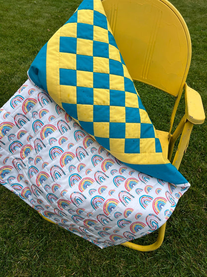Turquoise and Yellow Checkered Baby Quilt – Handmade Checkerboard Crib Blanket - The QuilTea Corner